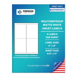 Premium Label Supply Waterproof Matte White Sticker Labels – 4" x 5" – Inkjet Printers Only – (4 per Sheet), 25 Sheets - 100 Total Adhesive Labels
