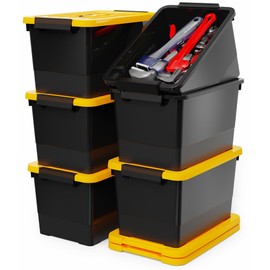 WYT 17 Quart Stackable Plastic Storage Bins with Yellow Lids, 6 Pack Black Containers with Latching Buckles and Handle, Durable Nestable Boxes Organizing for Closet, Garage, Tool Room