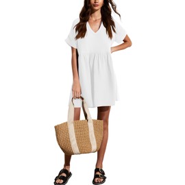 liher Women's Casual Summer Dresses Short Sleeve V Neck A Line Loose Swing Short Dress Mini Dress, White L