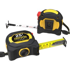 LEXIVON [2-Pack] 25Ft/7.5m DuaLock Tape Measure | 1-Inch Wide Blade with Nylon Coating, Matt Finish White & Yellow Dual Sided Rule Print | Ft/Inch/Fractions/Metric (LX-202)
