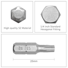 DAKCOS 20-Piece T25 Torx Bit Set, Premium S2 Alloy Steel 1-inch Long Screwdriver Insert Bits Hex Shank with Quick Release Slot