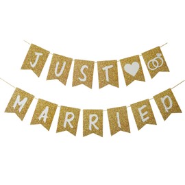 Pre-Strung Just Married Banner NO DIY Gold Wedding Party Banner Vintage Bunting Photo Booth Props Signs Garland Bridal Shower Decoration Wedding Decor for Reception