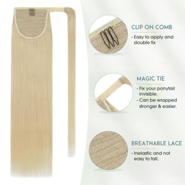 S-noilite 20 Inch Human Hair Ponytail Extension Wrap Around Ponytail Bleach Blonde Ponytail Hair Extension with Magic Paste Long Straight Ponytail Extension Hair Pieces for Women #613-Bleach Blonde