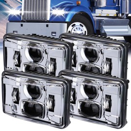 4x6 Inch LED Headlights, Rectangular Light, DOT Approved, High/Low Beam, for Peterbilt Kenworth Freightliner Replacement H4651 H4652 H4656 H4666 H6545 (4 pcs Chrome)