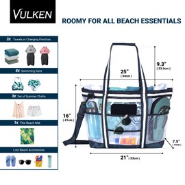 Vulken 42L Extra Large Mesh Beach Bag for Women and Men, Navy White Beach Bags and Totes with Zipper 9 Pockets for Travel, Swimming Gym, and Shopping