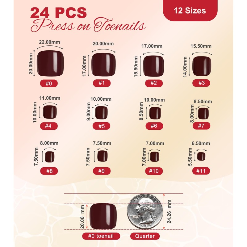 Morily Solid Burgundy Press on Toenails for Women, 24 Pcs