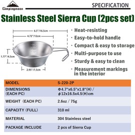 CAMPINGMOON 2pcs Set Stainless Steel Camping Sierra Cup 310ml S-220-2P (2pcs Set)