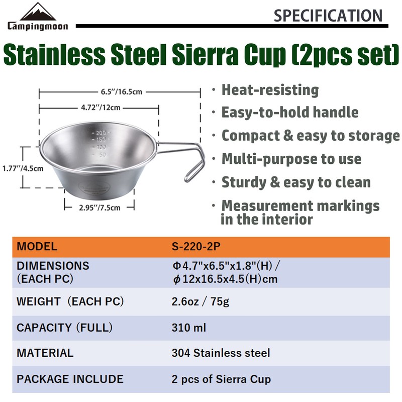 CAMPINGMOON 2pcs Set Stainless Steel Camping Sierra Cup 310ml S-220-2P