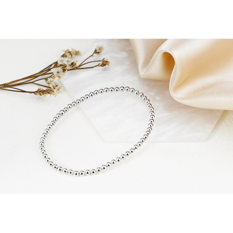 AeraVida Simple Round 3mm Beads .925 Sterling Silver Stretch Bracelet