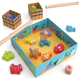 Merle Toys® Magnetic Fishing Game for 2 year old, 100% FSC, 2 Fishing Rods and Double-Sided Magnets, Montessori Toys for 2 year olds, Toddler Games, Wooden Toys, Fishing Games for 3 year olds