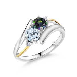 Gem Stone King 1.27 Cttw Green Mystic Topaz Sky Blue Topaz and Lab Grown Diamond 925 Silver and 10K Yellow Gold 2 Stone Crossover Ring For Women | Available In Size 5, 6, 7, 8, 9