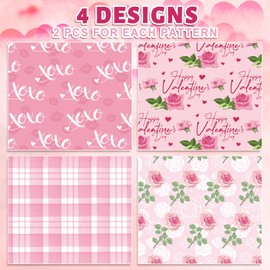 FYSUIMU Valentine's Day Floral Wrapping Paper Not Roll Pink Plaid Xoxo Rose Flower Gift Wrap Paper Folded Flat for DIY Crafts Wedding Anniversary Holiday, 19.7 x 27.6 Inch, 8 Sheets
