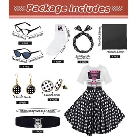 VillbeCoser 10 Pcs Sock Hop Outfits Women, 1950s Poodle Skirts, T-Shirt with 50s Accessories Socks Scarf Headband Belt Earring (BlackDots-2XL)
