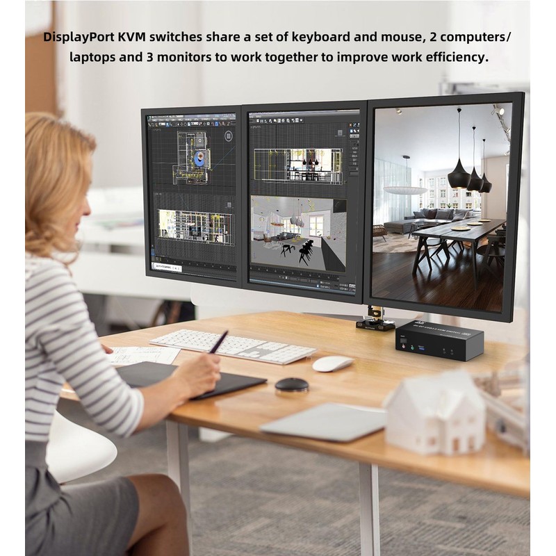 DisplayPort KVM Switch Triple Monitor 8K DP for 2 Computers