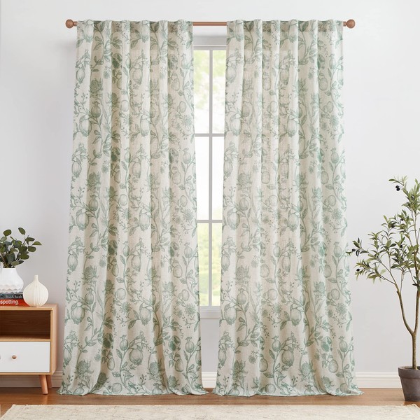 jinchan Linen Curtains Floral Curtains for Living Room 84 Inch Long Green French Autumn Curtains Back Tab Light Filtering Toile Farmhouse Bedroom Curtains Window Curtain Set 2 Panels