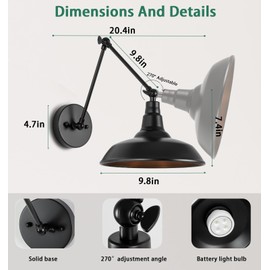 Lzwelcy Black Vintage Battery Powered Wall Sconce Set of 2, Wireless Wall Sconce with Remote Control, Dimmable LED Lighting for Bedroom, Hallway, Indoor Wall Sconce