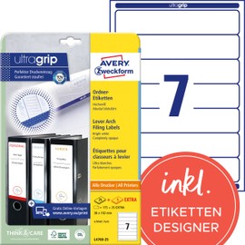 AVERY Zweckform L4760-25 Ordnerrücken Etiketten (210 Rückenschilder mit ultragrip, 38x192mm auf A4, schmal/kurz, selbstklebend, absolut blickdicht, bedruckbare Ordneretiketten) 30 Blatt, weiß