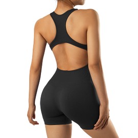 RXRXCOCO Ribbed Jumpsuit Women's Tight Tank Backless Padded Jumpsuit Tummy Control Short Yoga Sports One-Piece Romper, black