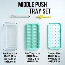 HOUSIMPLE Push Ice Cube Tray for Freezer with Lid & Bin, Rectangular 32 Ice Cube Maker Silicone Plastic Molds with Scoop & Sponge Brush, (MINT, MIDDLEPUSH 1 TRAY SET)
