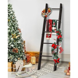Blanket Ladder for Living Room, 5-Tier Wooden Ladder Shelf, Rustic Decorative Blanket Rack for Blankets, Quilts, Farmhouse Decor Ladder Shelf for Bedroom Bathroom Home Christmas Decor, Black