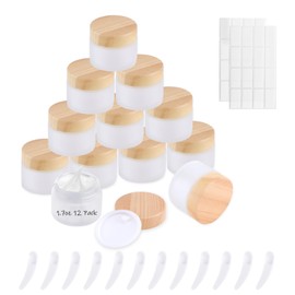 12 Pcs Glass Cosmetic Containers with Lids, 1.7oz Small Travel Jars, Refillable Empty Makeup Sample Jar with 12 Spatulas and 32 Labels, Round Frosted Glass Bottle for Cream Lotions Lip Balm Eyeshadow