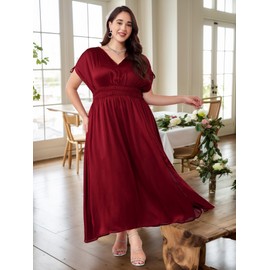 LapaPlus Plus Size Formal Dress for Women - 2025 Spring Pleated Satin Dress, Cocktail Party Maxi Dress Evening Gown Burgundy