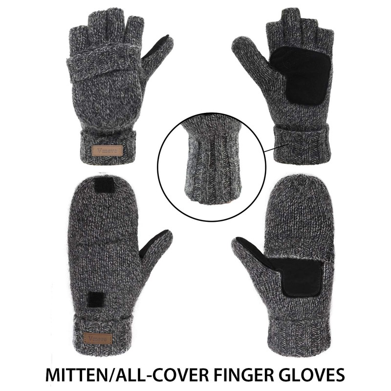 ViGrace Winter Knitted Convertible Fingerless Gloves Wool Mittens Warm Mitten
