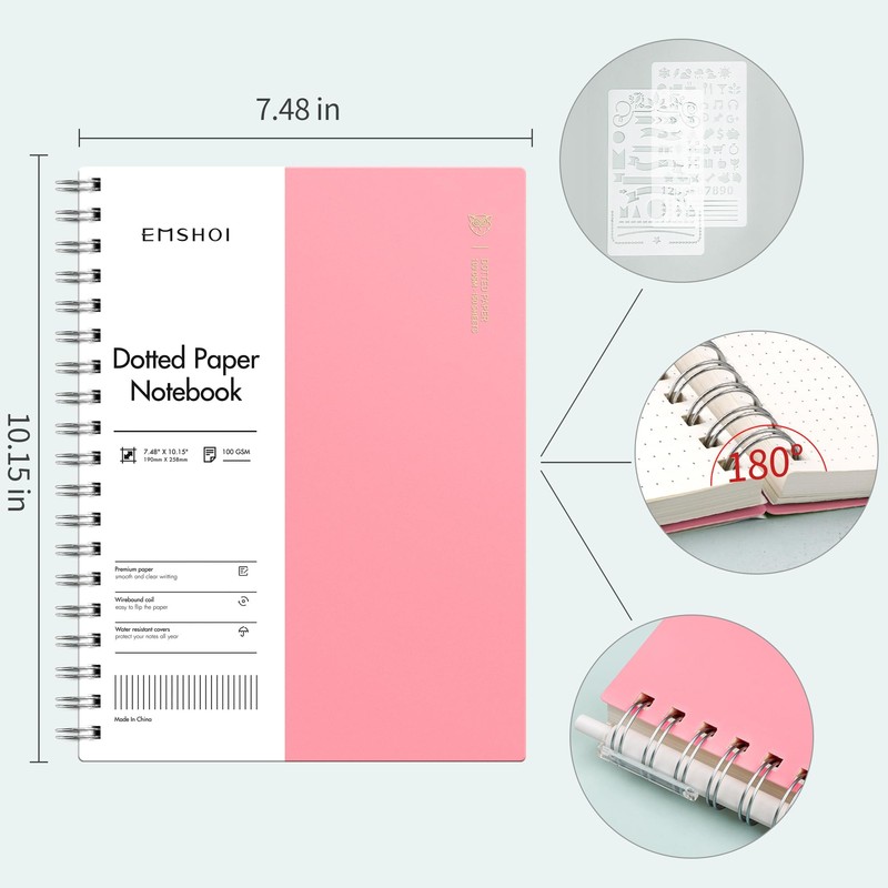 EMSHOI B5 Spiral Notebook Bullet Dotted Journal, 300 Pages/150 Sheets,