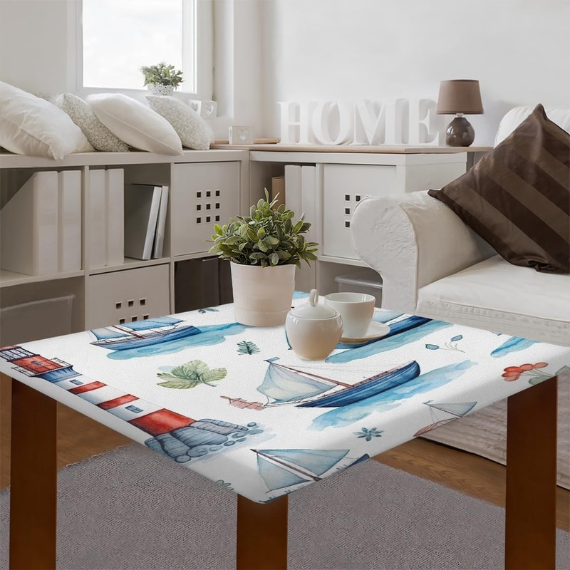 JXDXHCW Nautical Sailing Lighthouse Fitted Square Table Cover with Elastic