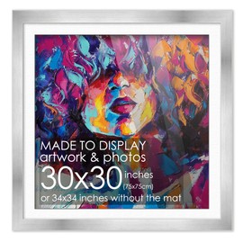 30x30 Frame Silver Wood With White Mat | 34x34 Frame Matted to 30x30 | Display Your Poster Under UV Acrylic Shatter Guard Front, with Foam Board Backing, Wall Hanging Hardware - Gallery Frame Square