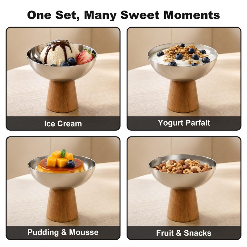 Lonshield Stainless Steel Dessert Bowls Set of 4 with Wooden