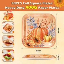 Homlouue Fall Pumpkin & Sunflower Paper Plates, 50PCS 9 Inch Square Fall Paper Plates, Heavy Duty Thanksgiving Plates, Thanksgiving Paper Plates Disposable for Fall Theme Dinner Party Decoration