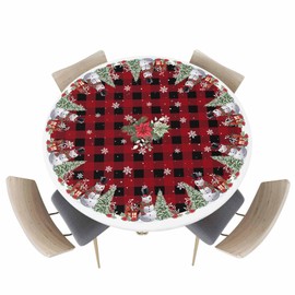 Christmas Snowman Round Fitted Tablecloth for Round Table,Poinsettia Xmas Tree Waterproof Table Cloth Table Cover with Elastic Edge,Snowflake Red Black Buffalo Plaid Circle Table Covers 45-54in