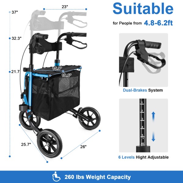 WALK MATE 3 Wheels Rollator Walker 260lb Seat Backrest 10Lb