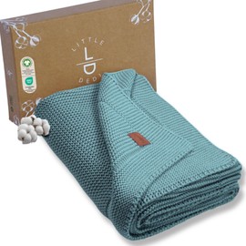 Little Dedi 100% Organic Cotton Baby Knitted Blanket with Gift Box - Soft Toddler, Crib, Stroller Blanket - Neutral Swaddle and Receiving Blanket for Newborns, 30"x40", Smoke Blue