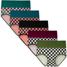 INNERSY Women's High Waisted Underwear Cotton Panties Regular & Plus Size 5-Pack(Chessboard,Medium)