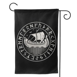 NIBABA Viking Drakkar Garden Flag 12x18 - Ancient Scandinavian Rune Symbols Old Norse Style Double Sided Print Weatherproof Polyester Black Unisex All Occasions Outdoor