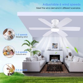 Kviflon 46 inch Ceiling Fans with Lights and Remote/APP Control, Low Profile Ceiling Fan with Light, Flush Mount, 3CCT, 6 Reversible Blades 6 Speeds Modern Ceiling Fan for Bedroom Living Room, White