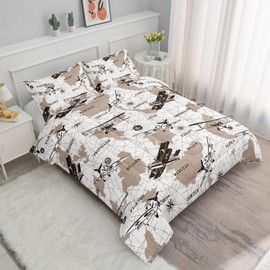 Datura home Airplane Comforter Sets for Boys Kids,Map for Background Fighter Printed,Duvet 3Pcs in Bedding Sets with 1 Comforter and 2 Pillowcases(White Brown Full)