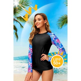 Women Long Sleeve Rash Guard UPF 50+ Beach Active UPF 50+ Swimming Top L Blue Leaves