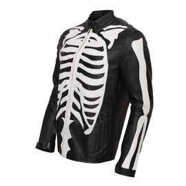 CHICAGO-FASHIONS Mens Skeleton Bones Black Genuine Leather Jacket - Cafe Racer Biker Skull Motorcycle Jacket