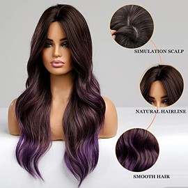 Esmee Esmee Purple Ladies wigs,Natural Looking Long Wavy Wigs Right Side Parting Heat Resistant Fiber Wigs Roots for Women Daily Party Cosplay Wear