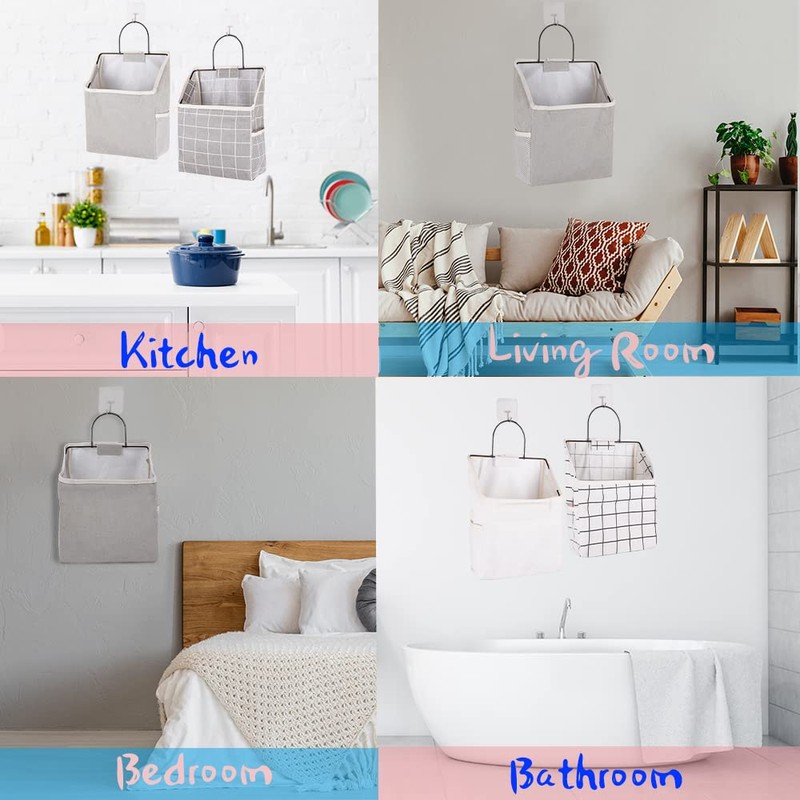 BieFuSin 2Pcs White Plaid Fabric Wall Hanging Storage with Hook,
