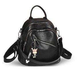 Nicole & Doris Women's Mini Backpack, Synthetic Leather, Round, 3-Way, Shoulder Bag, Doubles as Underarm Bag, Mini Backpack, Cute, Comes with Cow Keychain, Fashionable, Waterproof, PU Leather, Black