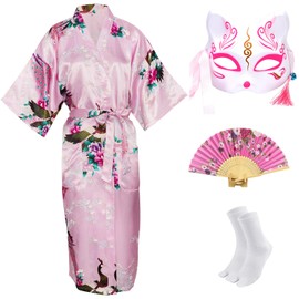CRFASIBE Japanese Kimono Robe for Women, Traditional Japanese Party Costume, Long Peacock Robe, Kimono Mask, Hand Fan Socks Set, pink