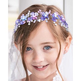 Campsis Flower Girls Headpiece Purple Crystal Headband for Little Girls Pearl Princess Hair Accessories Wedding Floral Hair Bands for Women and Girls