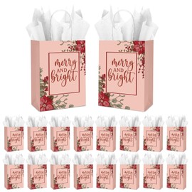 Sweetude 25 Pack Christmas Gift Bags with Tissue Paper Poinsettia Favor Bags with Handles Small Gift Bags for Christmas Holiday Party Merry and Bright Paper Bags, 5.91 x 3.15 x 8.27 Inches