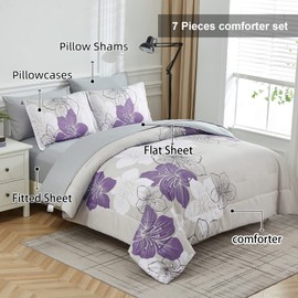 Purple Comforter Set Queen Size, Purple Floral Pattern Printed on Light Grey, Soft Microfiber 7 Pieces Bed in a Bag (1 Comforter, 2 Pillow Shams, 1 Flat Sheet, 1 Fitted Sheet, 2 Pillowcases)