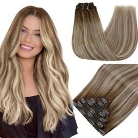 RUNATURE Clip in Human Hair Extensions Real Hair Blonde Ombre Brown Clip in Hair Extensions Human Hair Blonde Ombre Clip on Extensions Real Human Hair 14 Inch 120 Gram 7PCS