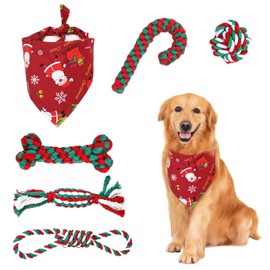 GothicBride Pack of 6 Dog Toys Christmas, Gift Christmas Includes 5 Dog Toys Rope Natural Cotton & 1 Green Dog Bandanas Chew Toy Christmas Dog Toy Candy Cane